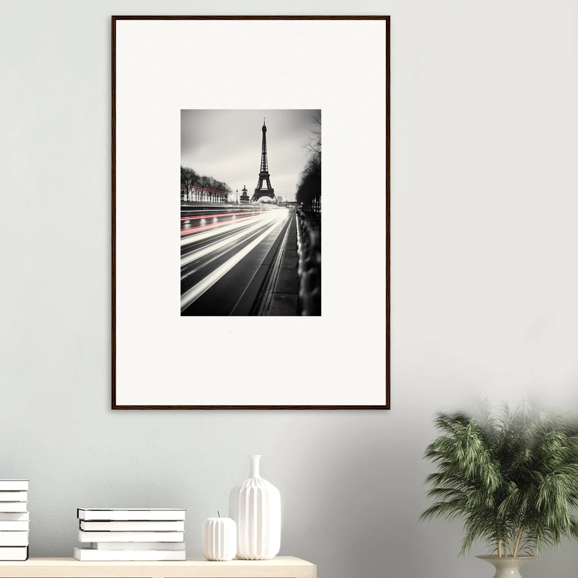 Framed black and white Eiffel Tower photo with traffic light trails, Eternal Windsweep Halo