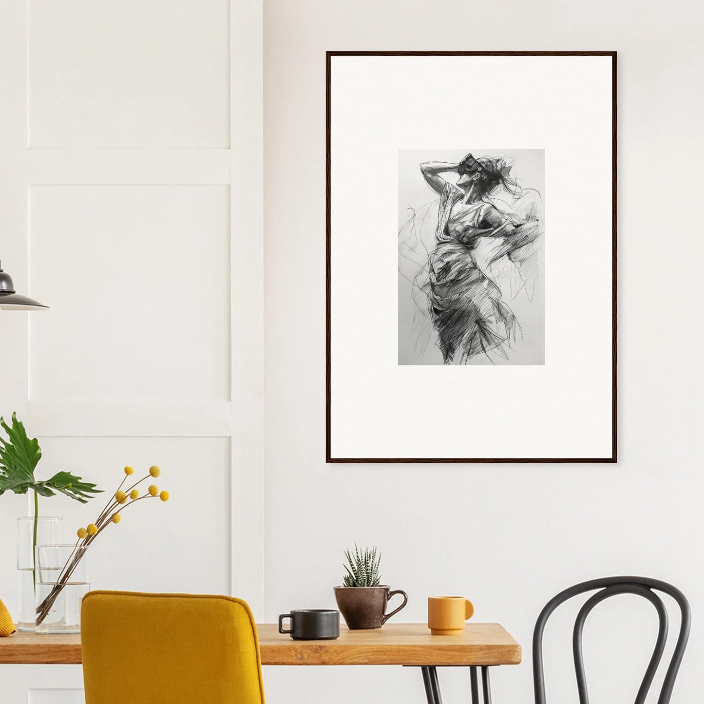 Framed black and white sketch of Veiled Revisionist Muse on a clean white wall