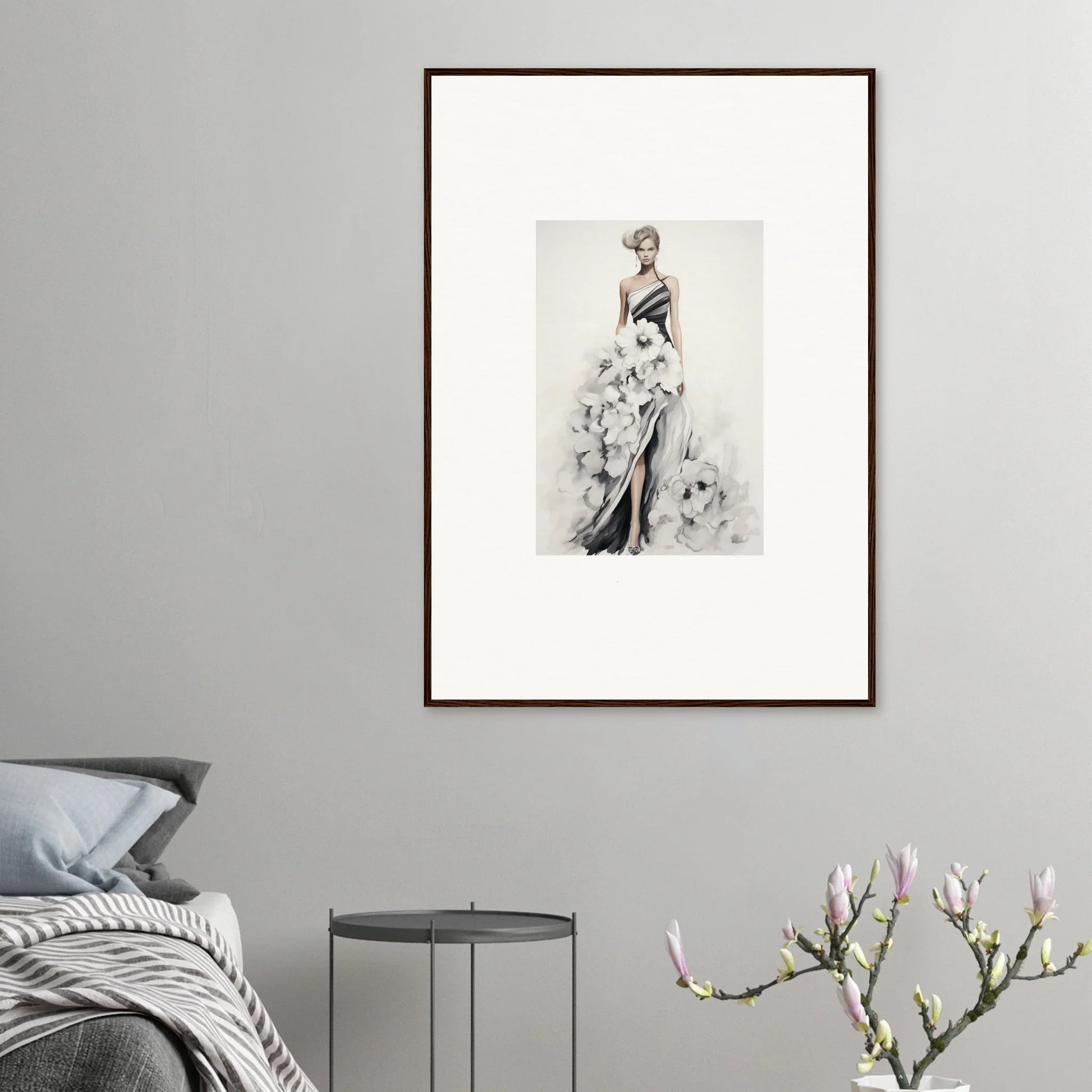 Framed wall art of a black and white sketch in the Dreamy Blossom Mirage collection