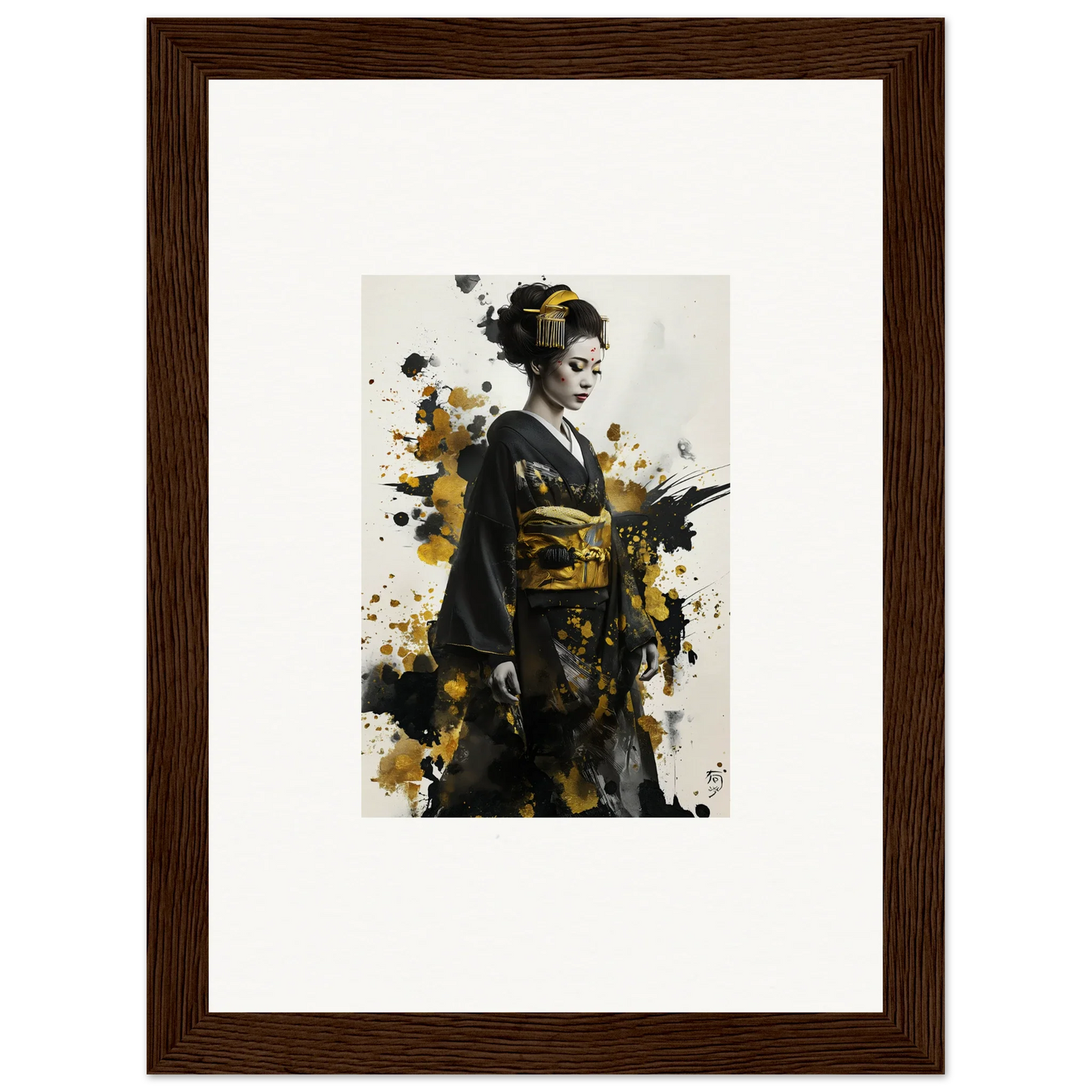 Artistic portrait of a geisha in kimono with gold splatter for Send of Echoes special edition art™