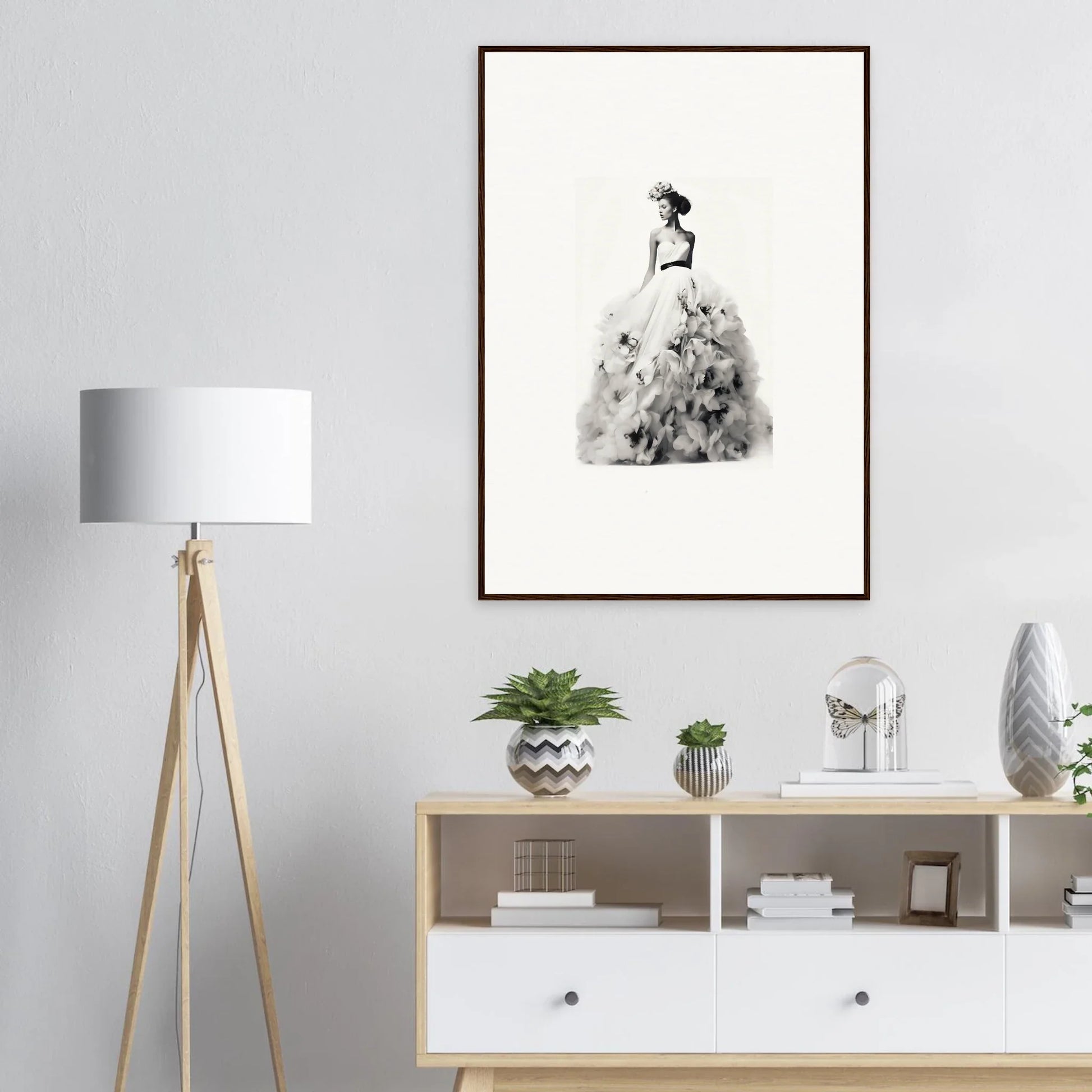 Black and white elegant ballgown artwork for Dreams Bloom Eternal framed wall art