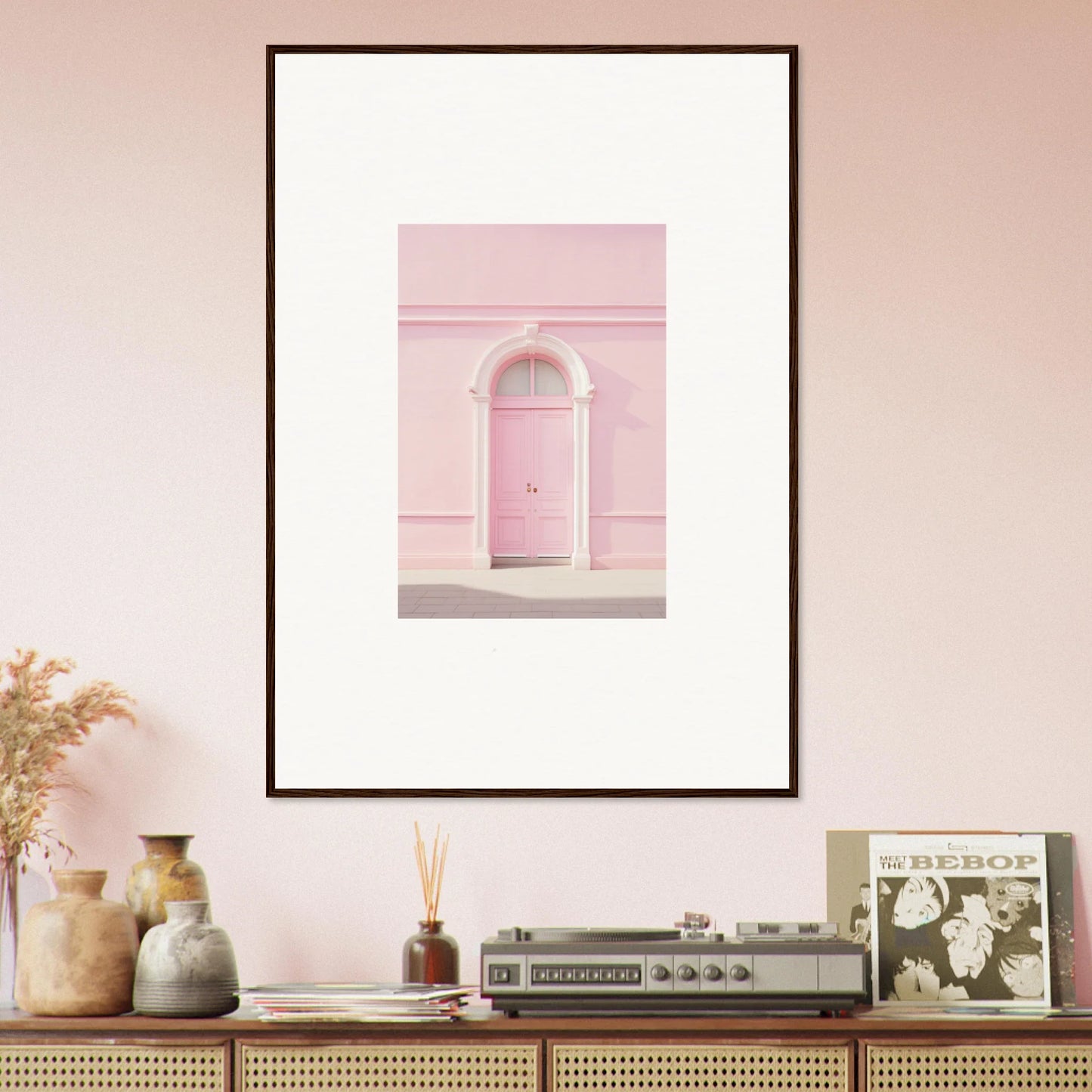 Framed wall art of a pink arched door from the Pearly Baccarat Dream collection