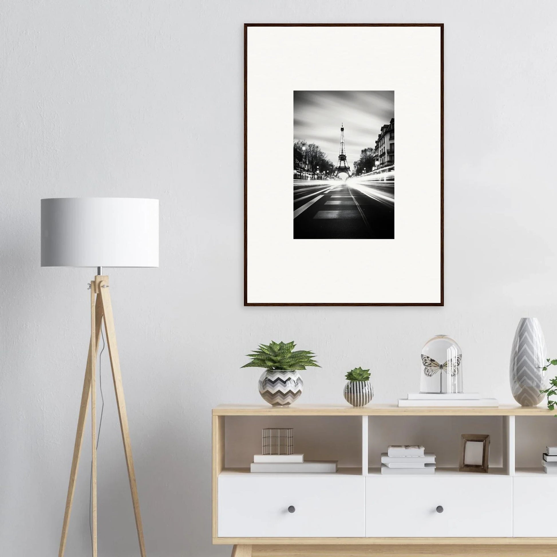 Black and white framed wall art of the Eiffel Tower in Synth Wave Elysium style