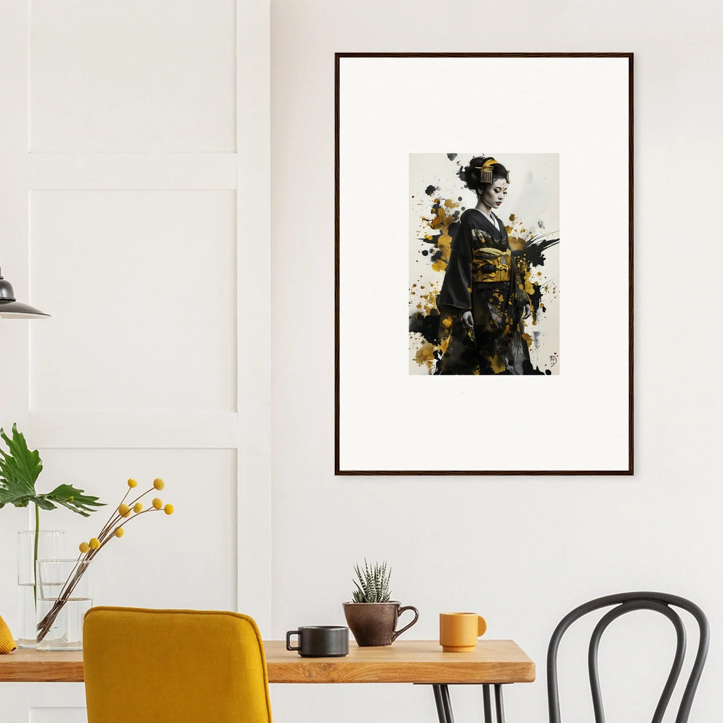 Framed artwork of a figure in kimono with watercolor splashes, perfect for premium walls