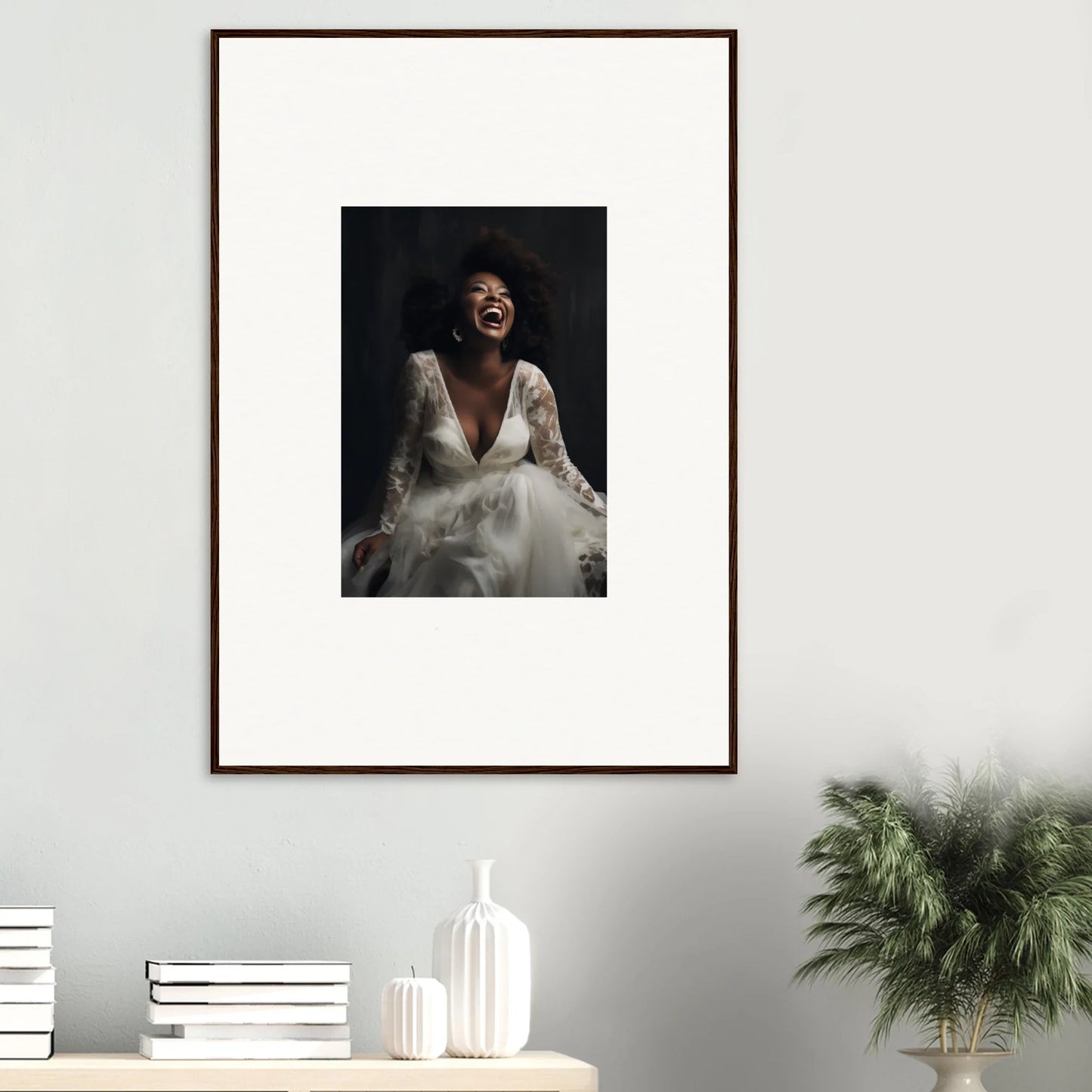 Framed wall art of a joyful person in a white dress capturing timeless essence laughter