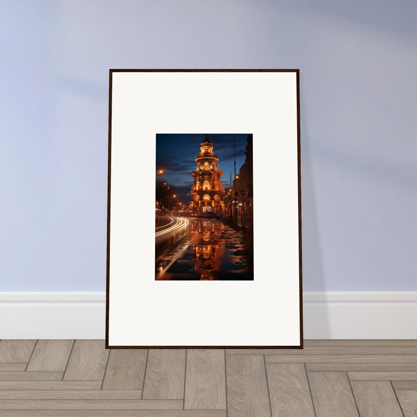 Framed wall art of a luminous Neo’ici Dops clock tower reflecting on wet pavement