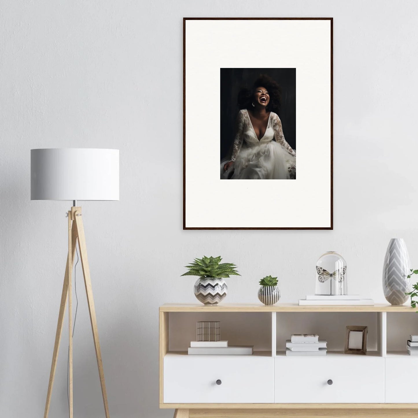 Framed black and white portrait in dark frame, perfect for Timeless Essence Laughter art