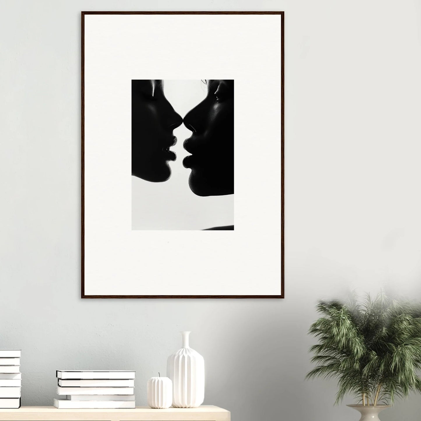 Black and white silhouette of two profiles kissing for Nights Echoes special edition art™