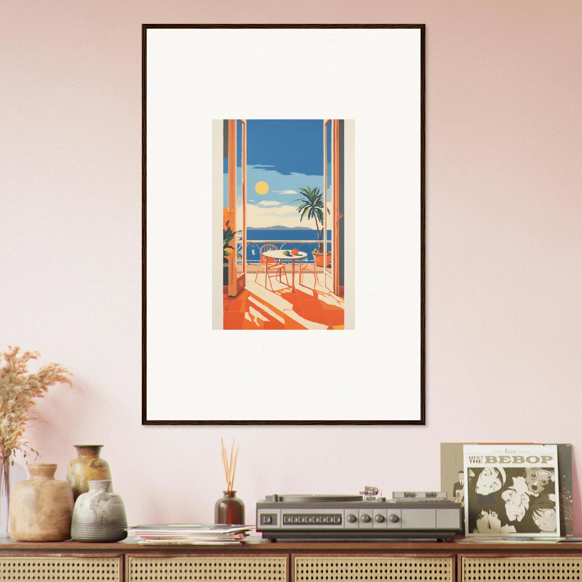 Framed poster of a Mediterranean view, perfect for a Tranquil Mirage Brunch vibe