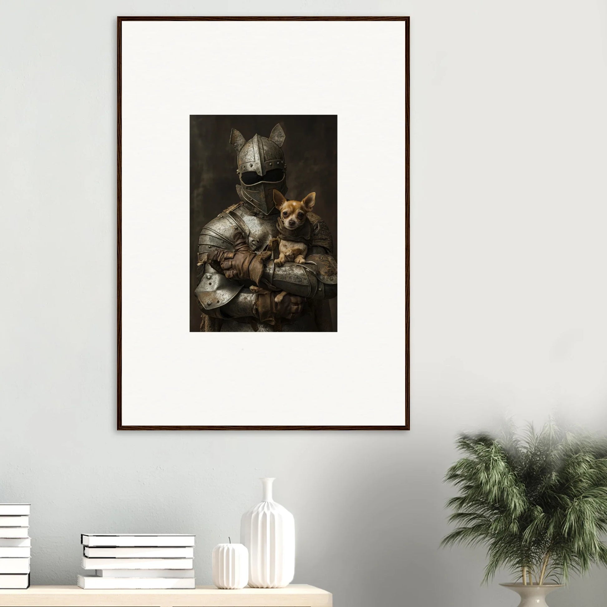 Framed wall art of a knight in armor holding a cat, Serene Steel Whispers edition