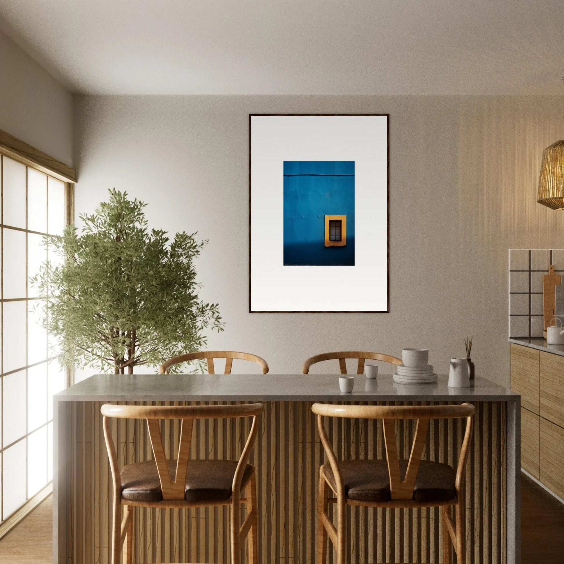 Modern dining area featuring Hypercolor Dreamscape Longitude with wooden chairs and concrete table