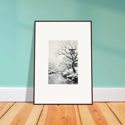 Framed black and white art of a winter tree in snow for Chilled Lunar Embrace