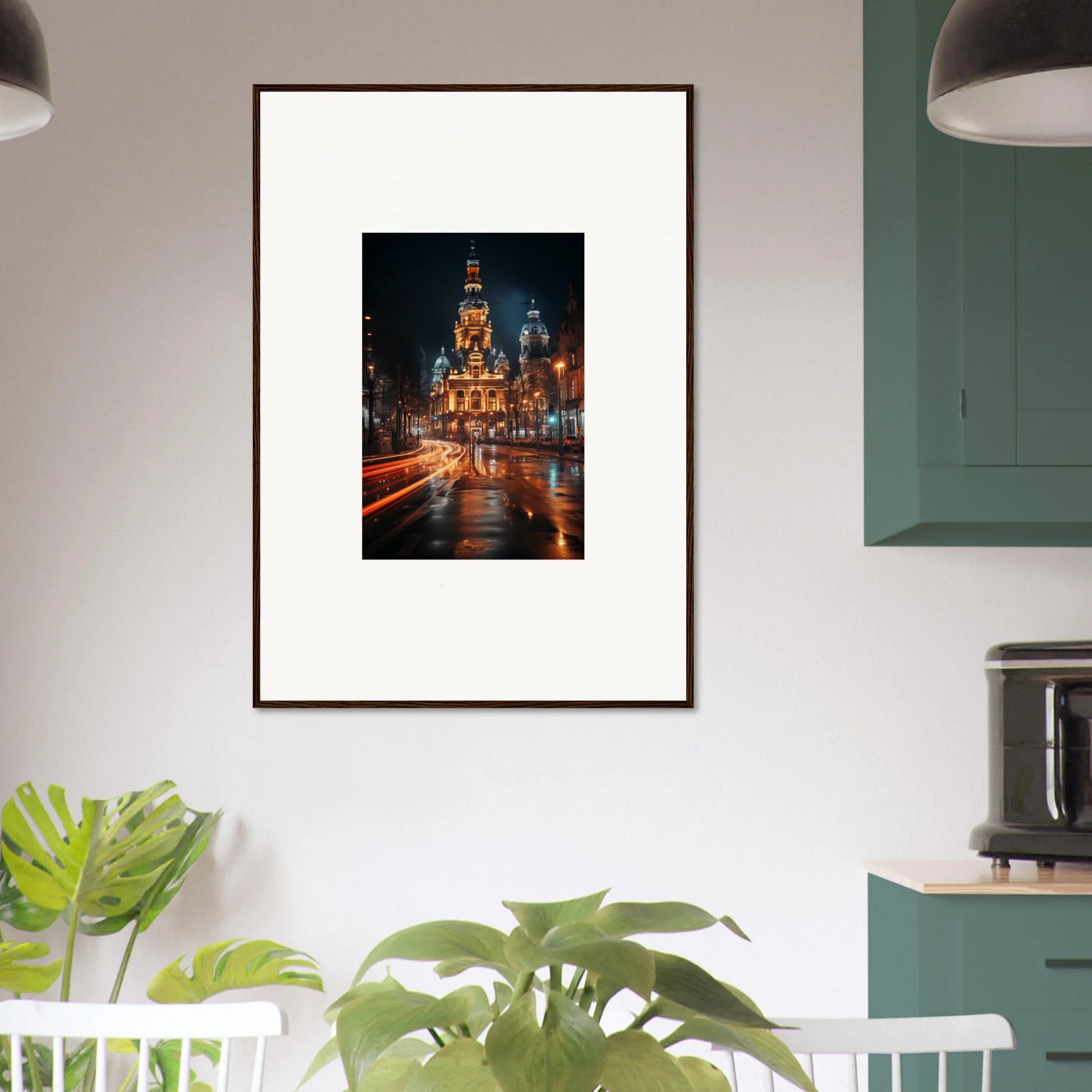 Framed Midnight Highway Mirage of a glowing cathedral at night with light trails