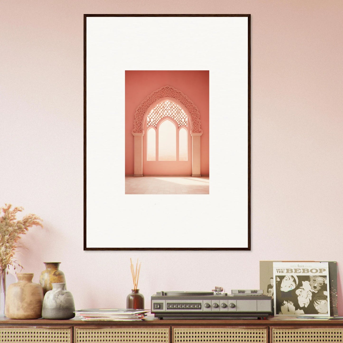 Framed wall art of ornate Gothic window in coral, Versaille Sunset Reimagined style