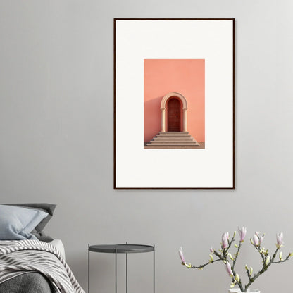 Framed art print of a pink arched doorway in the Ethereal Sunset Gateway design