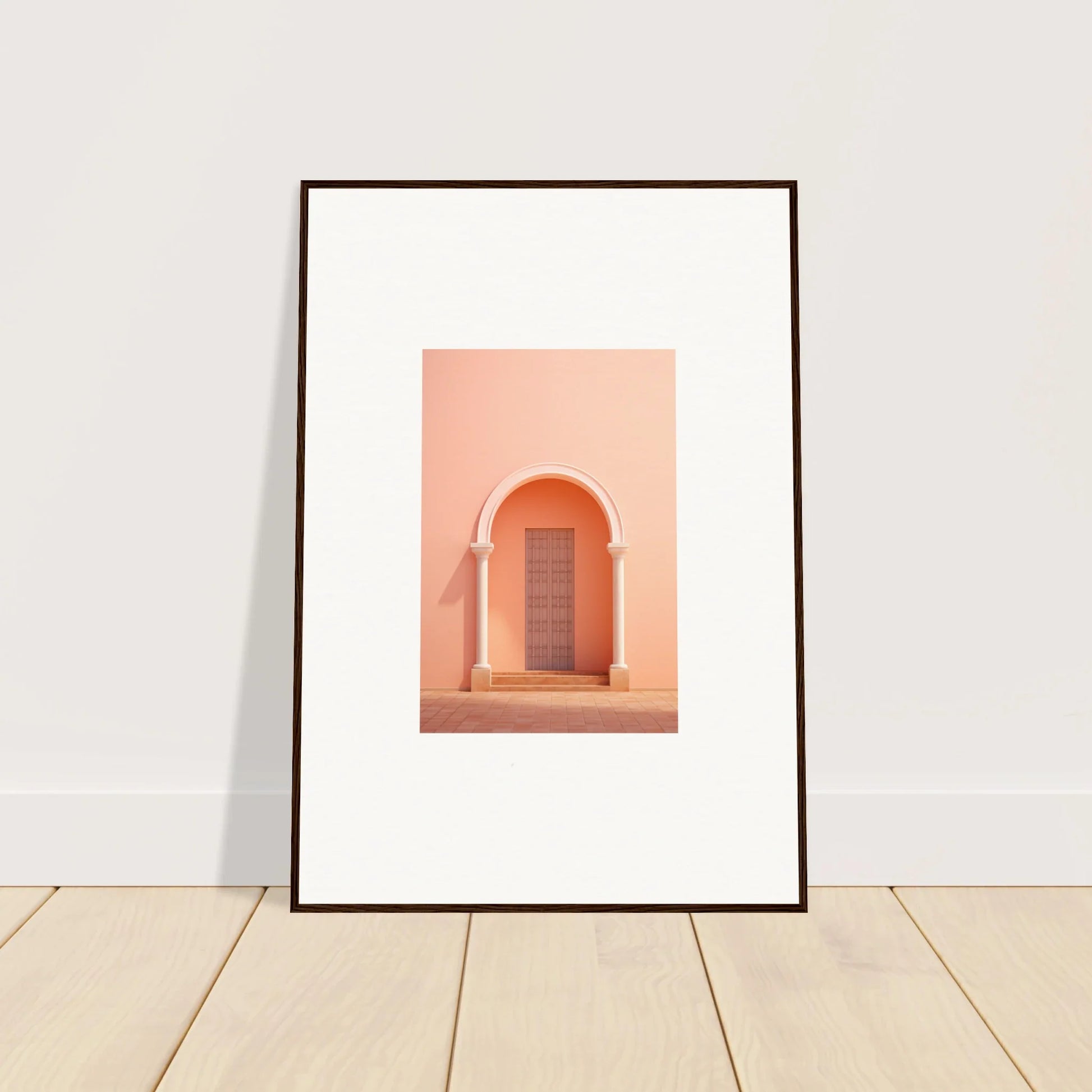 Framed art print of a peachy-pink archway and wooden door from Psychedelic Arches Discussionale