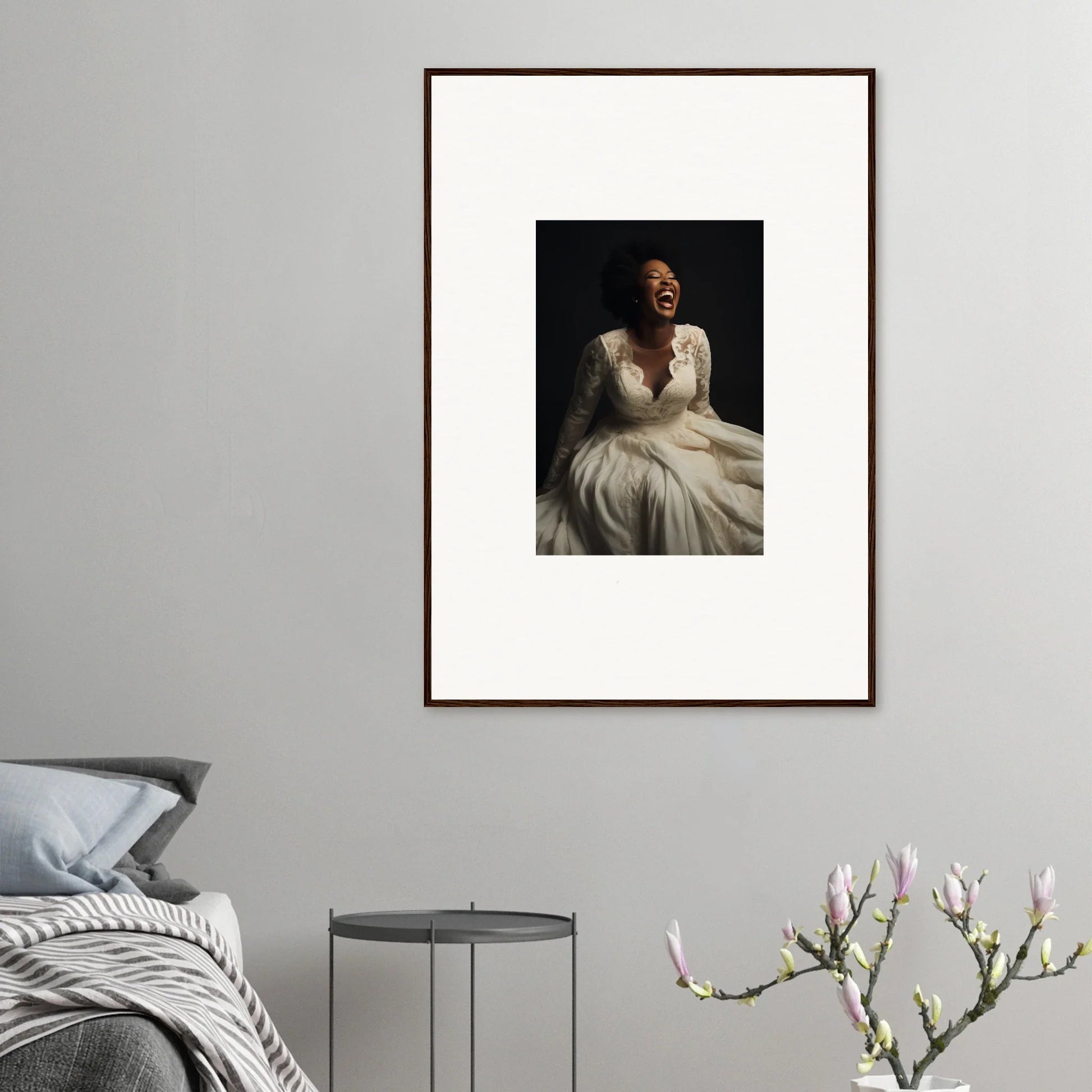 Framed portrait of someone in a white dress, perfect for your Luminescent Joy Echoes decor