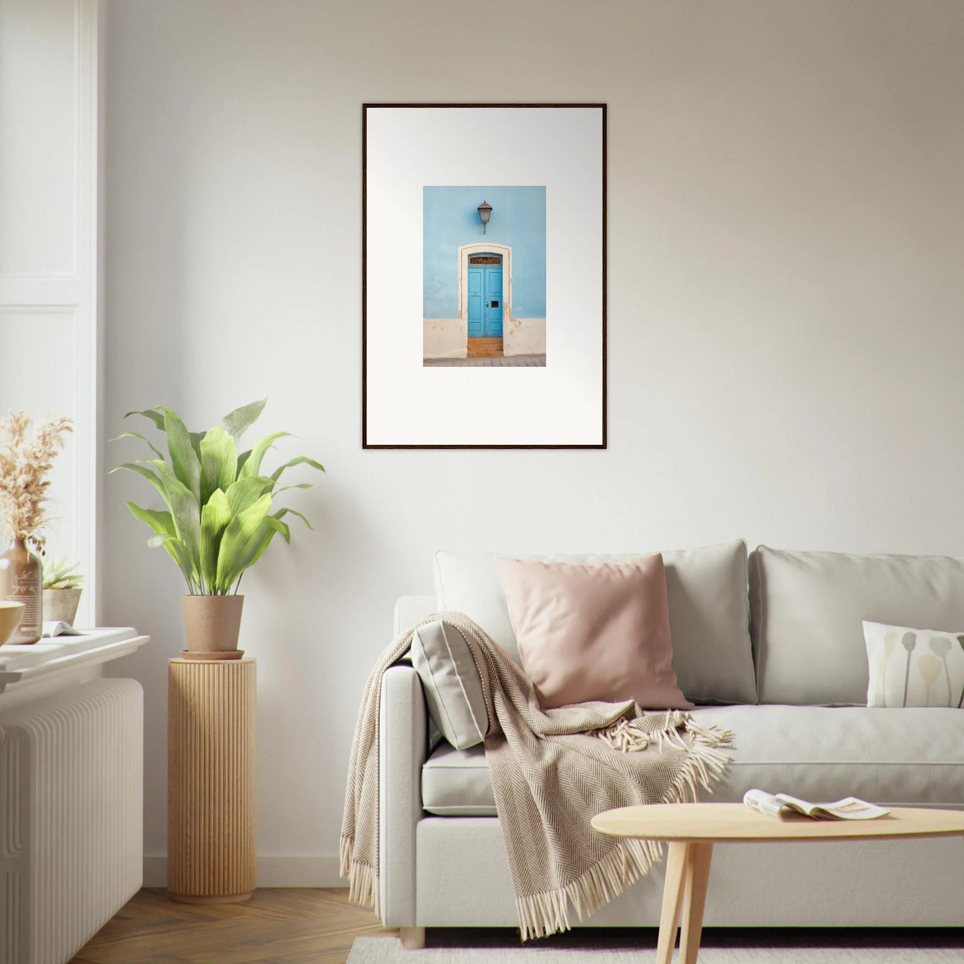 Framed wall art of a bright blue door on a light wall, Surreal Azure Vesaurrezz