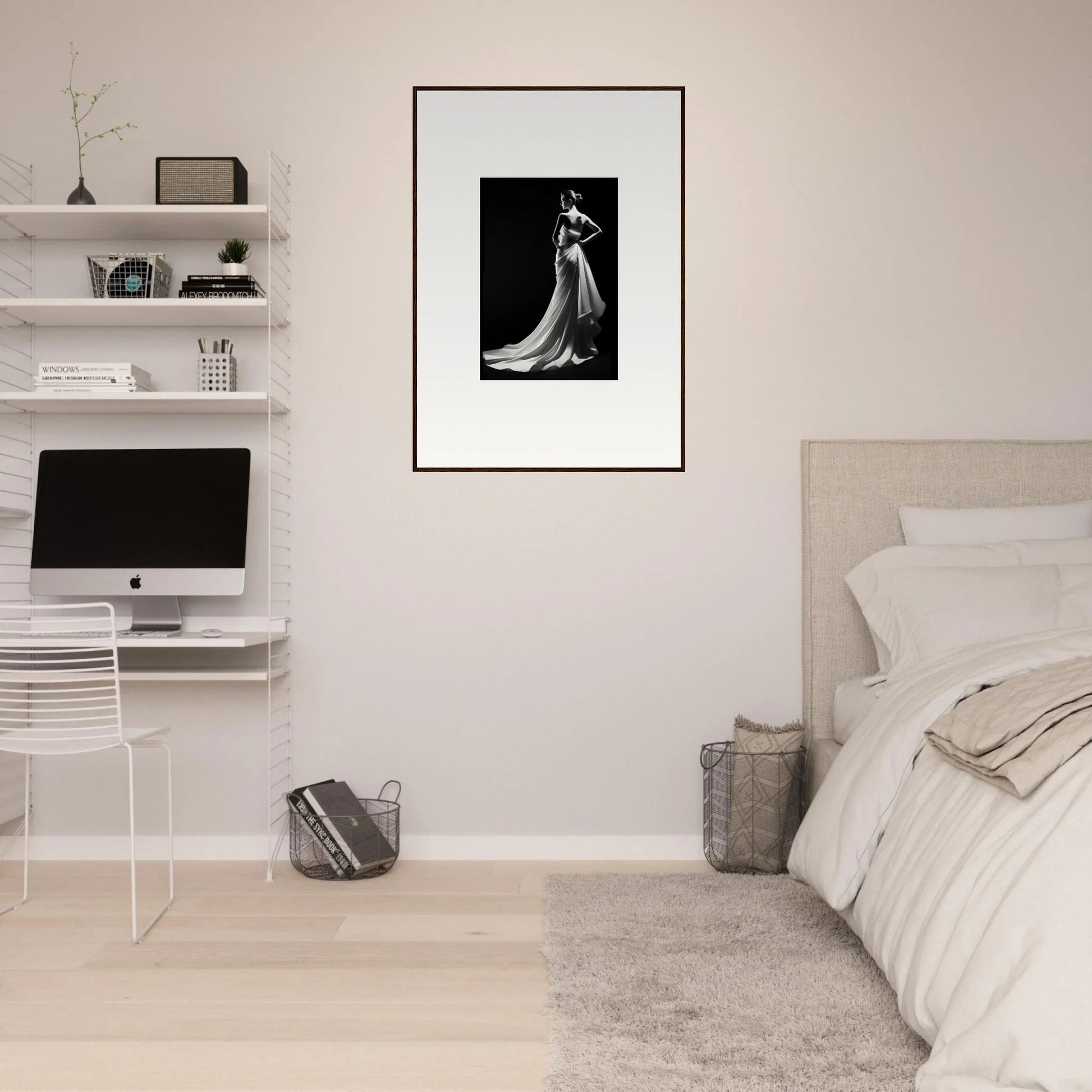 Minimalist bedroom featuring Ephemeral Grayscale Elegance, iMac, and stylish floating shelves