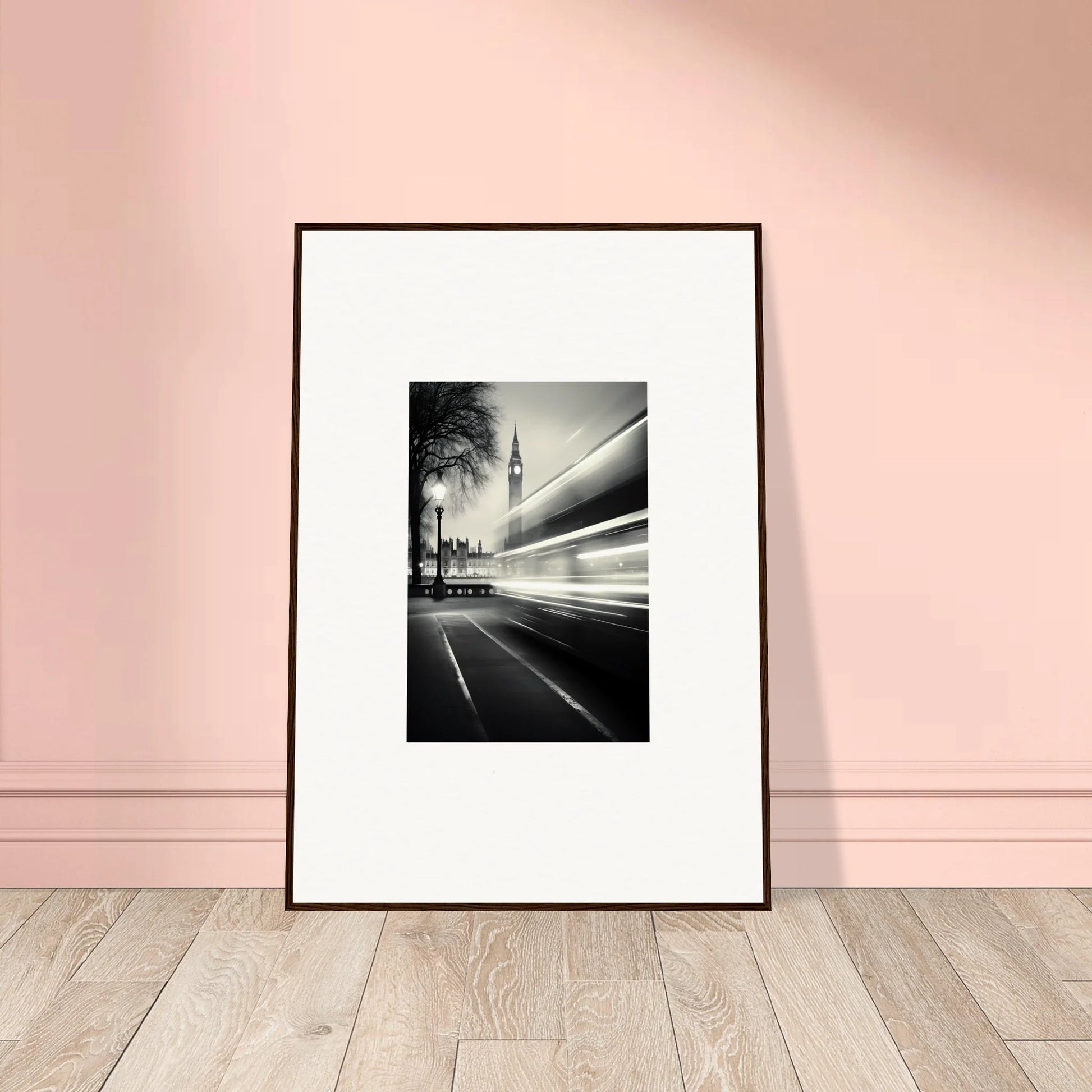 Framed black and white photo of Big Ben with light trails from traffic for Fluid Timeless Pulse