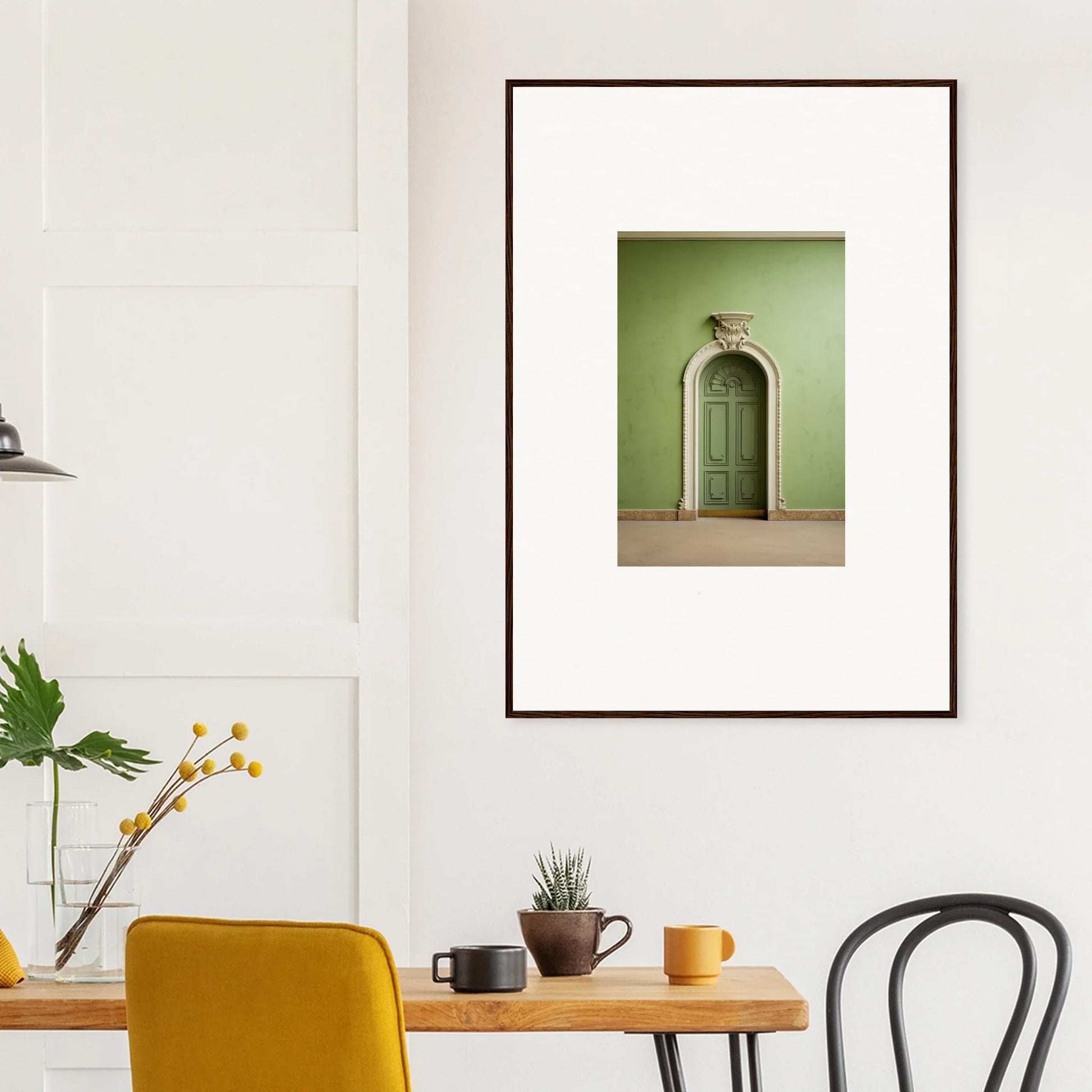 Framed wall art of a mint green arched doorway in Verdant Illusion Sphere