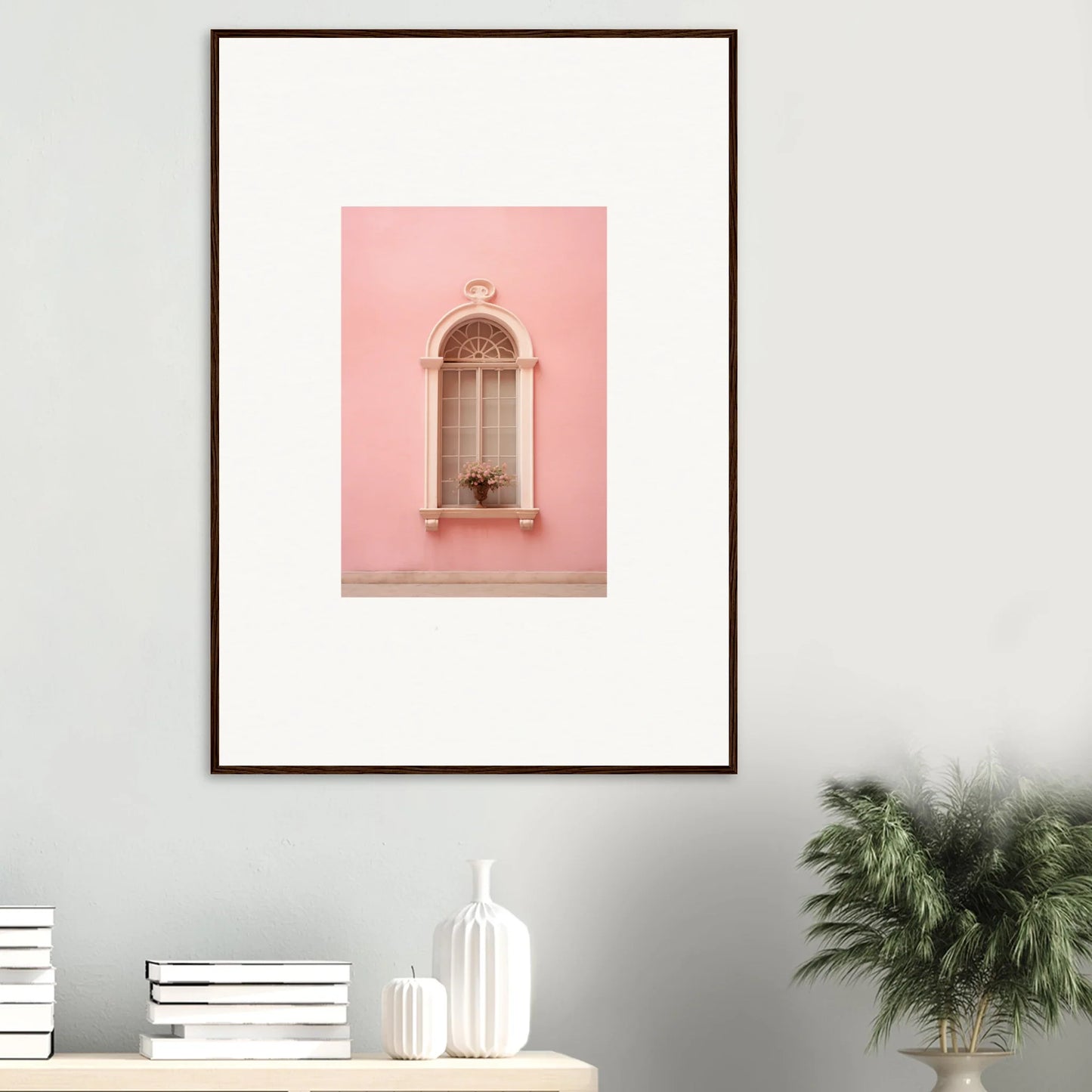 Ornate arched window with molding on pink wall from Pinky Flora Portal framed wall art