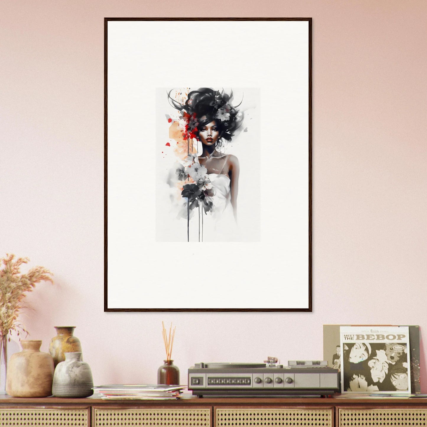 Framed watercolor of an abstract figure with flowing black hair in Plume Sultry Reverie