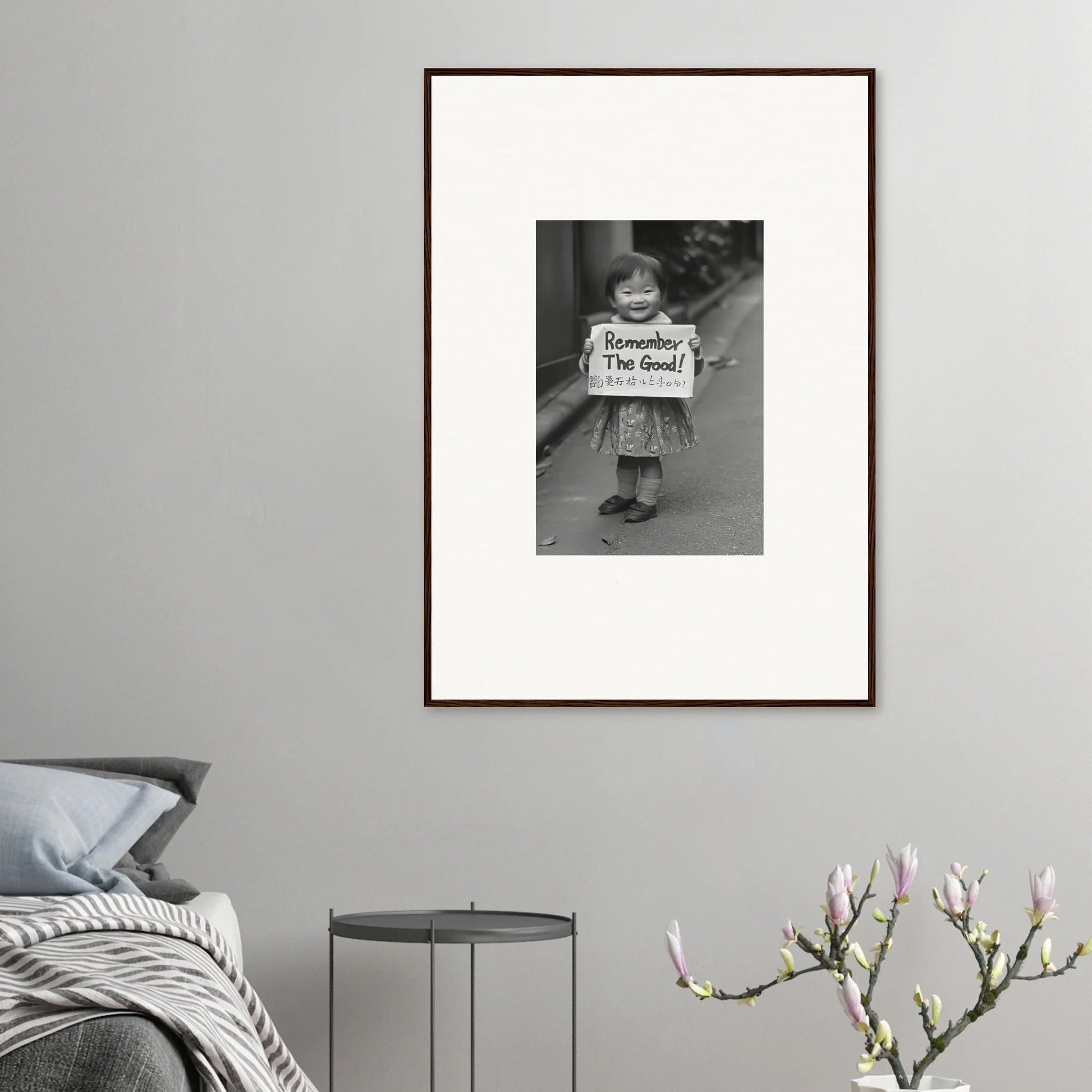 Framed black and white photo of a sign saying Something To Smile in Whimsy Echo Memory