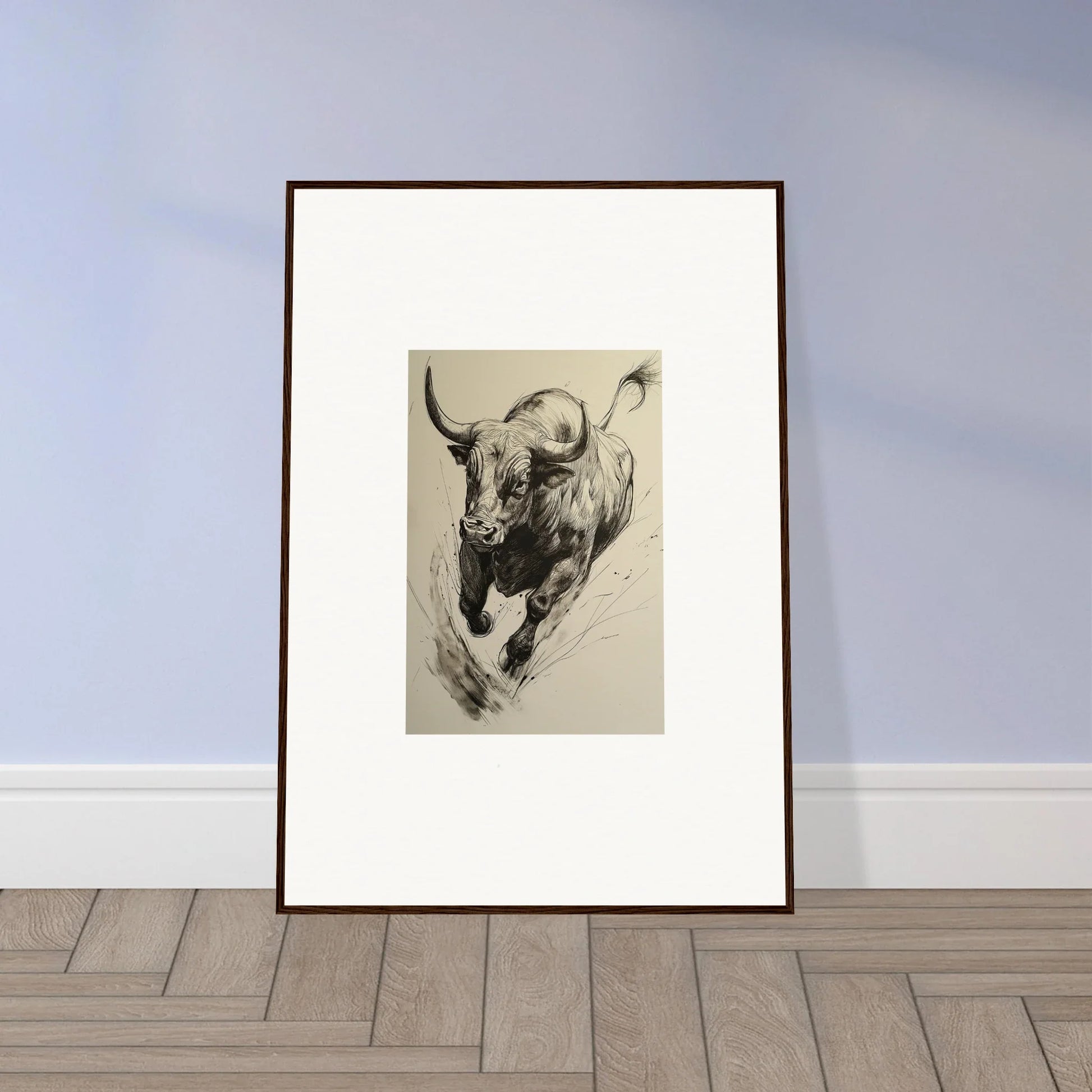 Framed black and white sketch of a charging bull from Ebullient Storm Release special edition art™