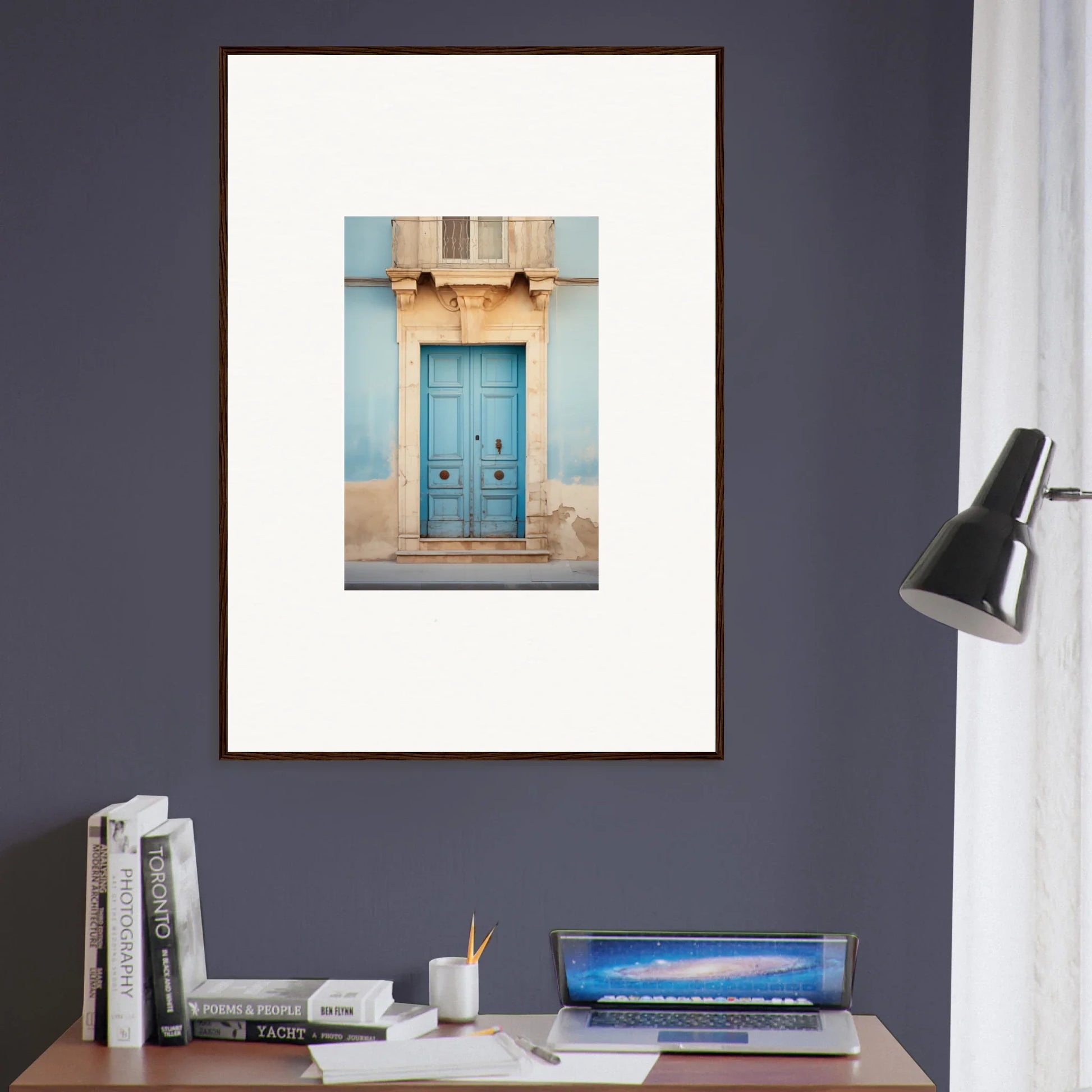 Framed art print of a bright blue vintage door in Ephemeral Dreamscape Doorway