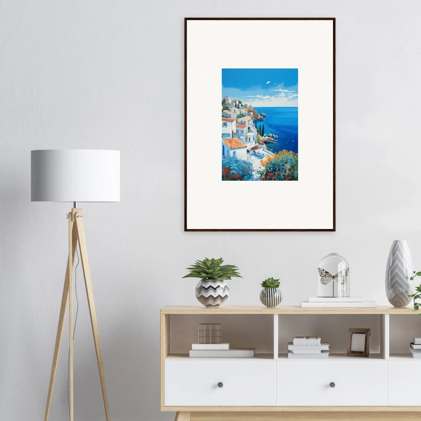 Framed artwork of Santorini’s blue domes in Sunlit Dreamscape Promise special edition art™