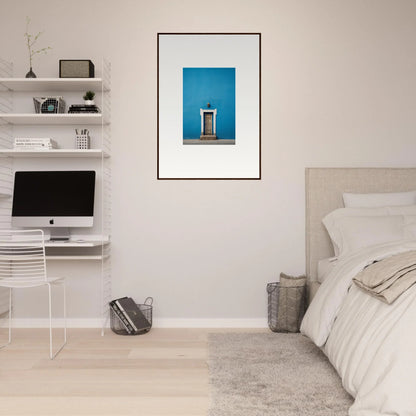 Minimalist bedroom with iMac, floating shelves, and Eternal Cerulean Cloister art