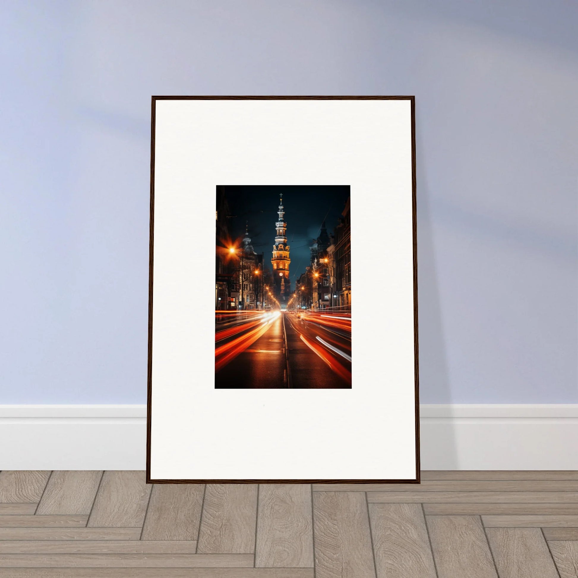 Framed Umbra Urban Nocturne photo of a city street at night with light trails