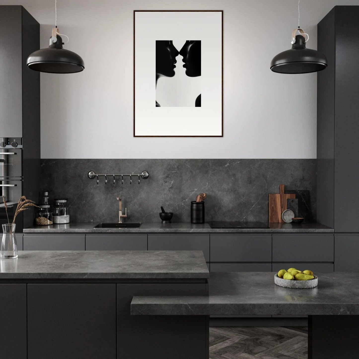 Modern dark gray kitchen with black pendant lights featuring Whispers Shadowdance Serenaa