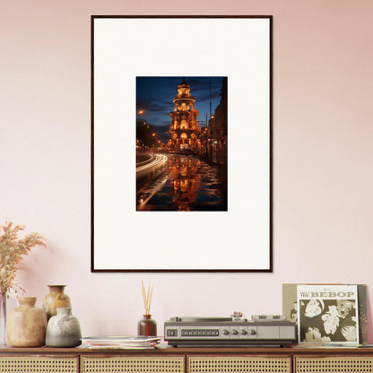 Framed wall art of Luminous Neo’ici Dops with a clock tower reflecting on wet pavement