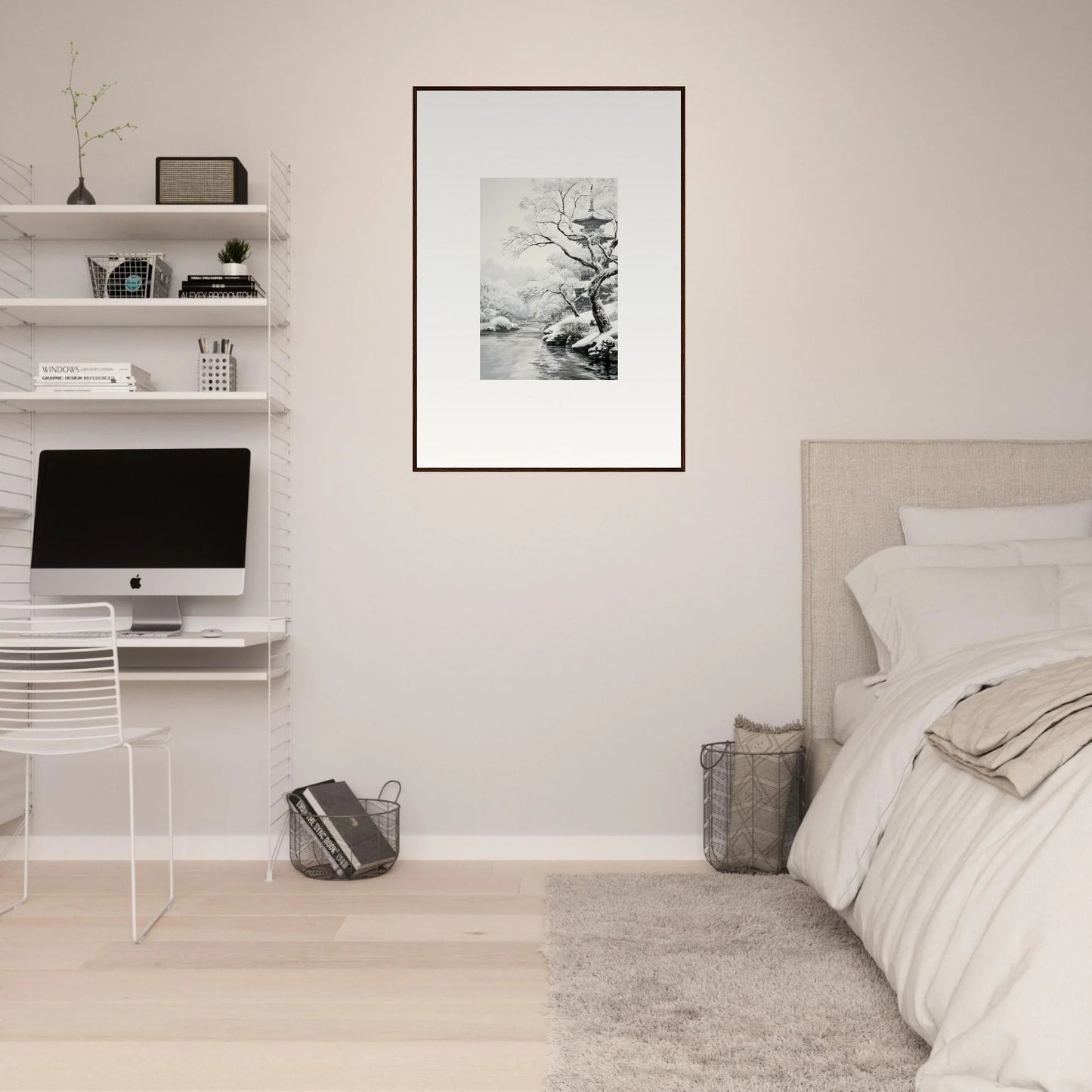 Minimalist bedroom with Framed Wall Art from Timeless Snow Fables and white floating shelves