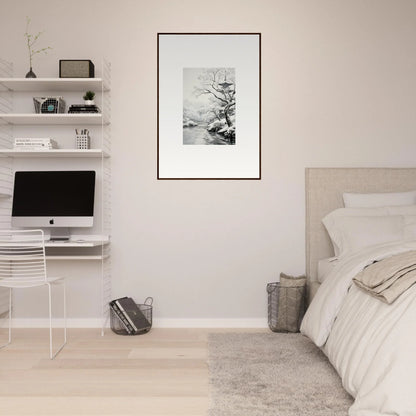 Minimalist bedroom with Framed Wall Art from Timeless Snow Fables and white floating shelves