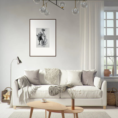 White sofa with gray and cream pillows, featured in Minotaur’s Melodic Siesta collection