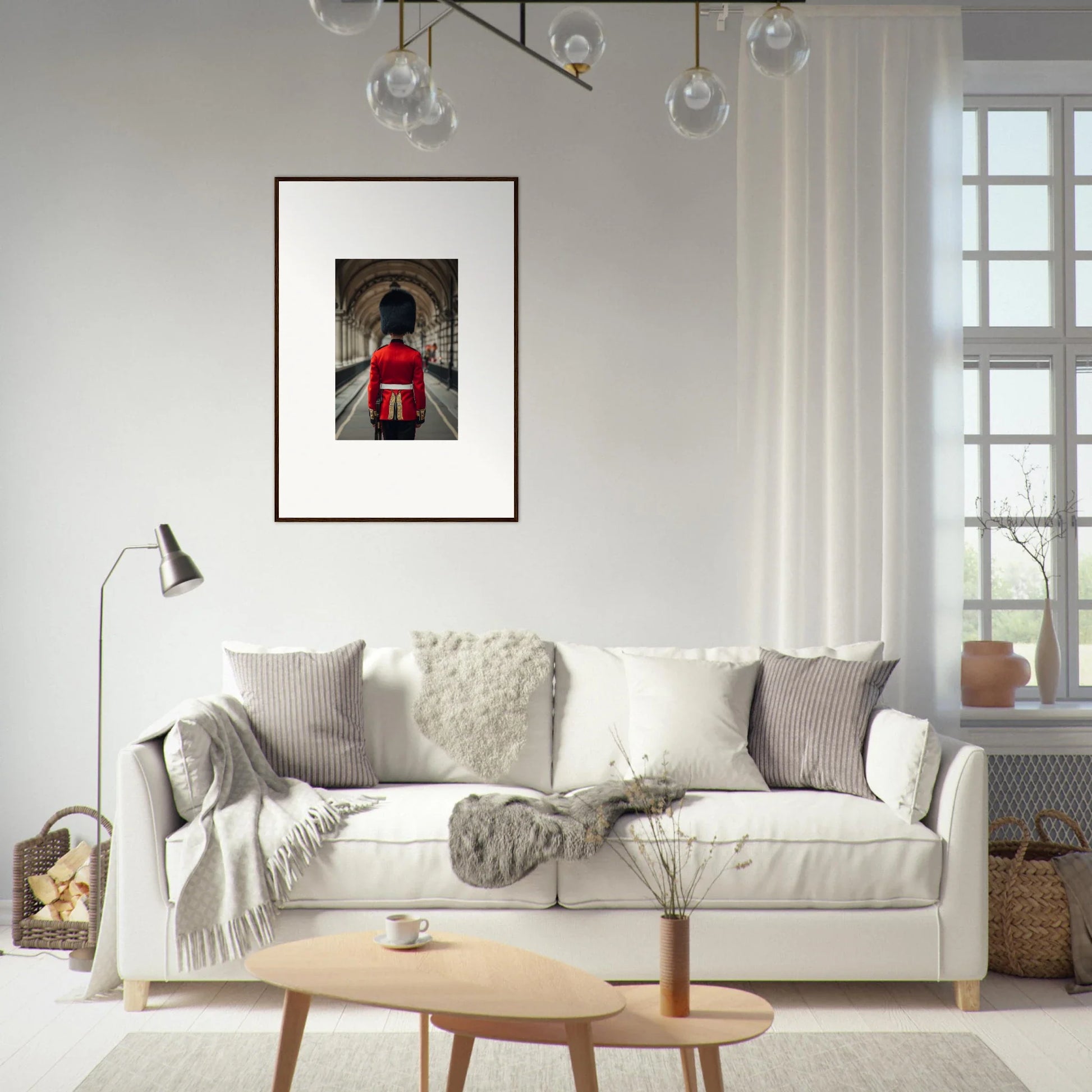 Stylish Scarlet Temporal Century white sofa with gray and cream pillows and blankets