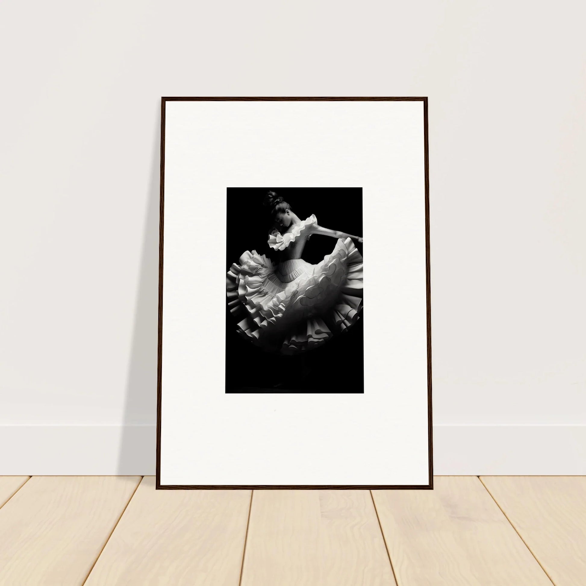 Framed black and white photo of a ballet dancer in a flowing tutu, Swirled Dream Dancer