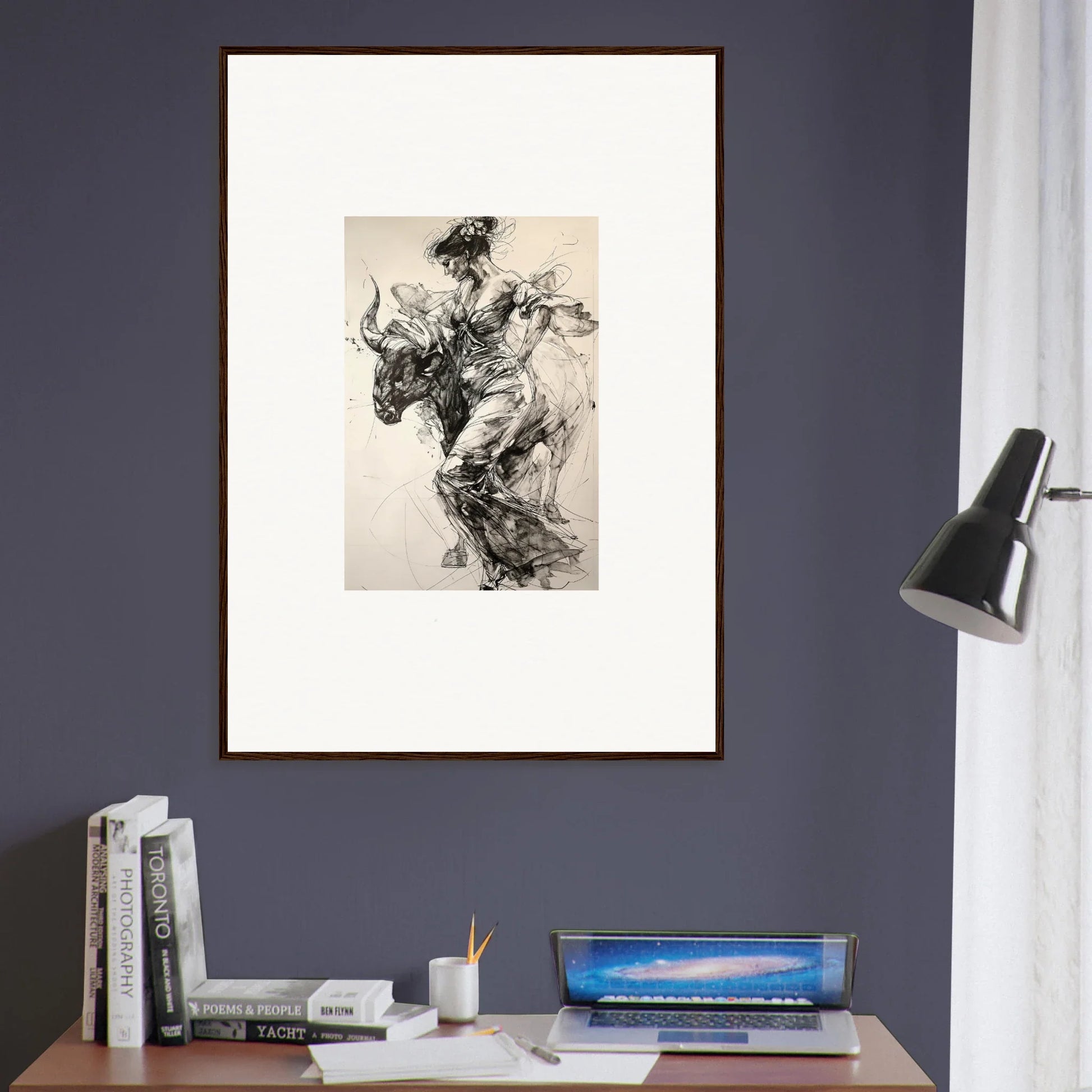 Framed black and white abstract art ’Labyrinthine Spanish Mirage’ with swirling brushstrokes