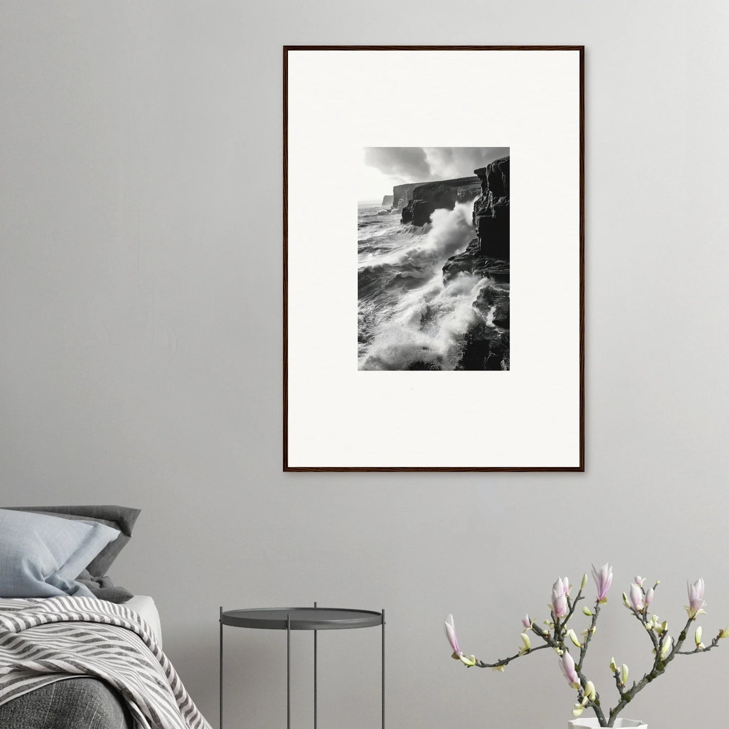 Framed black and white photo of cliffs and waves in Tempestuous Rock Ballet special edition art