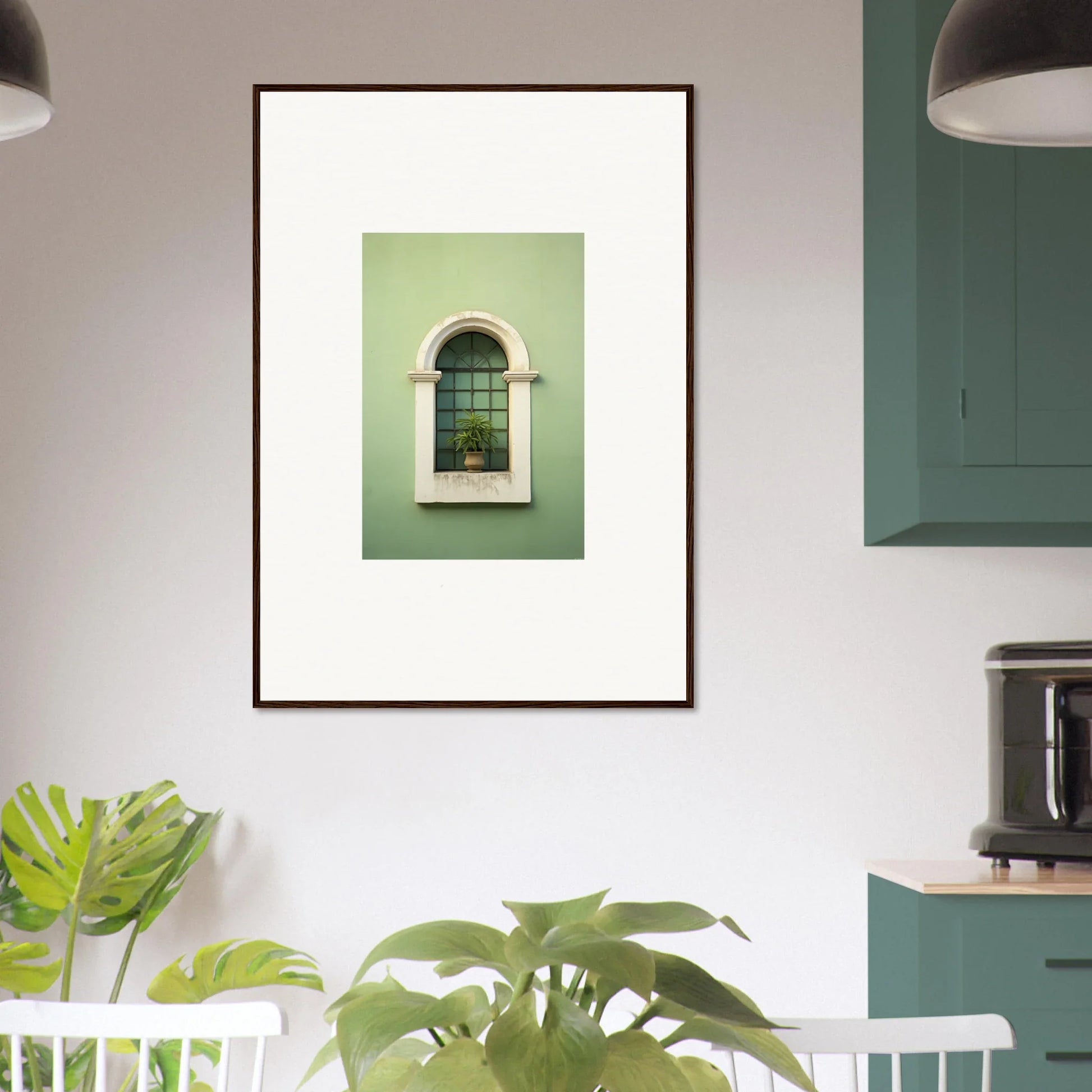 Framed wall art of an arched window on green walls from Eggshell PandæmonIA Bliss