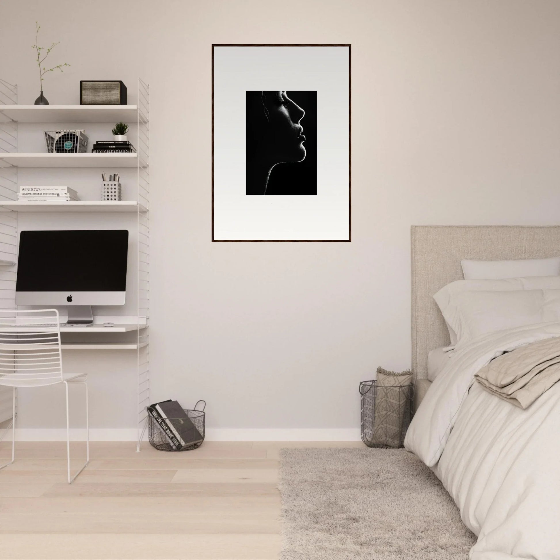 Minimalist bedroom featuring Velvet Void Sensation framed wall art on floating shelves