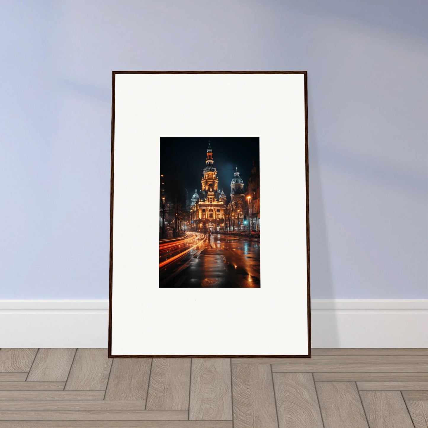 Gothic church at night with traffic light trails in Midnight Highway Mirage special edition art™