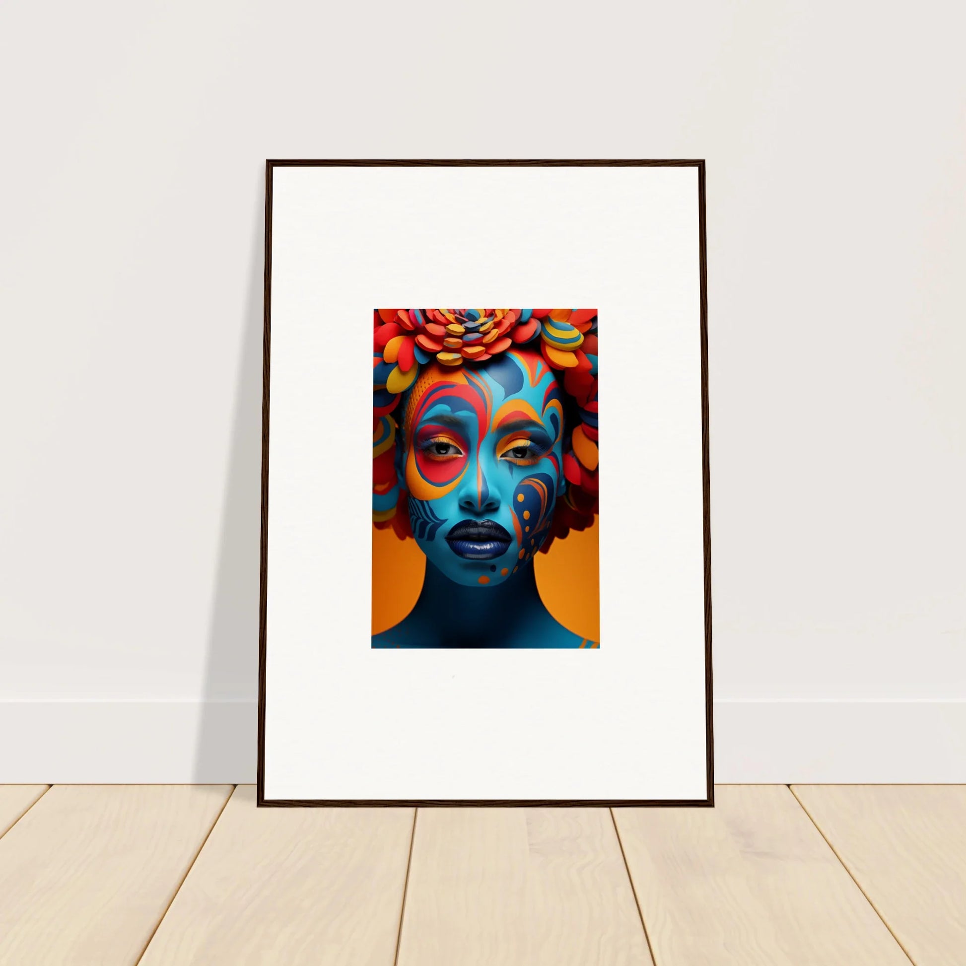 Colorful portrait with face paint and floral headdress for vibrant room decoration
