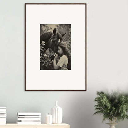 Framed black and white wall art of a woman with a donkey for stylish room decoration