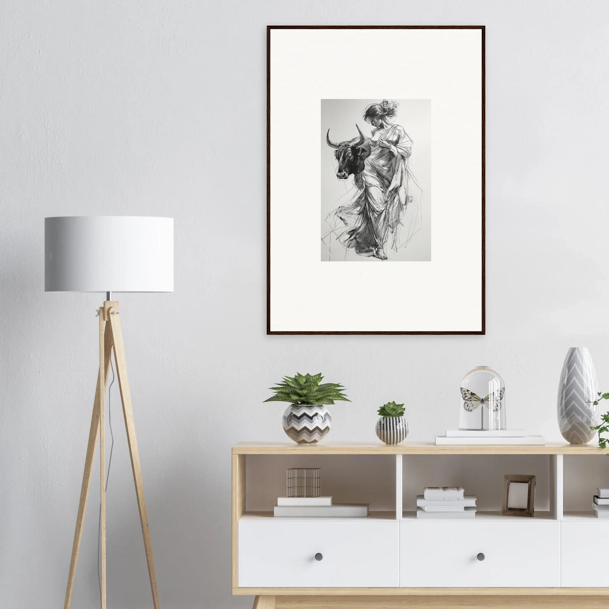 Framed black and white sketch of a figure with a bull in Splashing Gaze Melds art