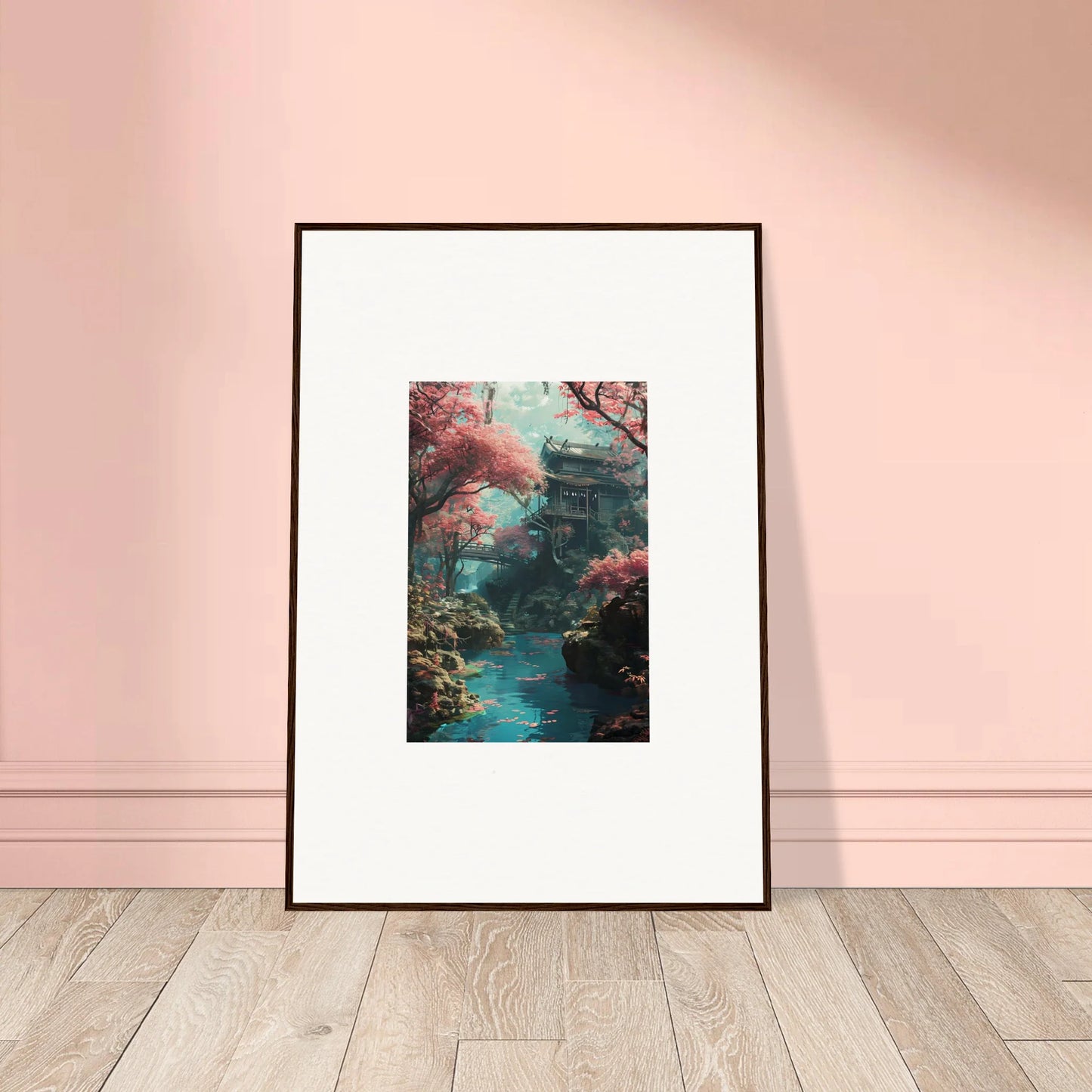 Framed wall art of a Japanese pagoda with cherry blossoms for Magenta Spirals Oscillate