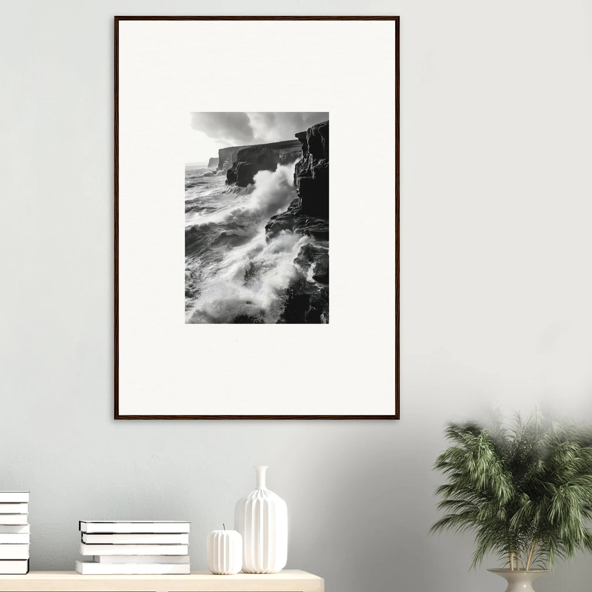 Framed black and white photo of coastal cliffs in Tempestuous Rock Ballet art™